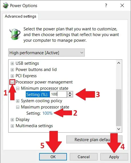 Adjusting processor state to fix headphones crackling and popping changing advanced plan settings final step