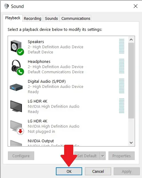 Clicking on OK to fix sound coming from the speakers while headphones are plugged in