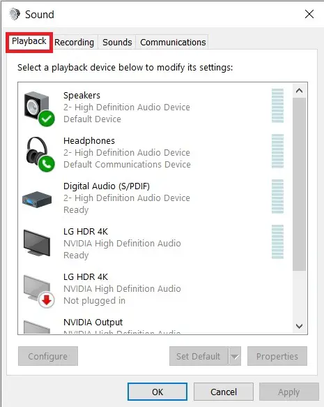 Clicking on Playback to fix sound coming from the speakers while headphones are plugged in