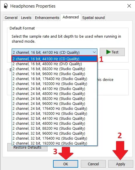 Disable exclusive mode and change the sound format to fix popping and crackling noise on your headphones default format 16 bit