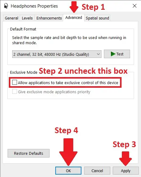 Disable exclusive mode and change the sound format to fix popping and crackling noise on your headphones sound properties advanced