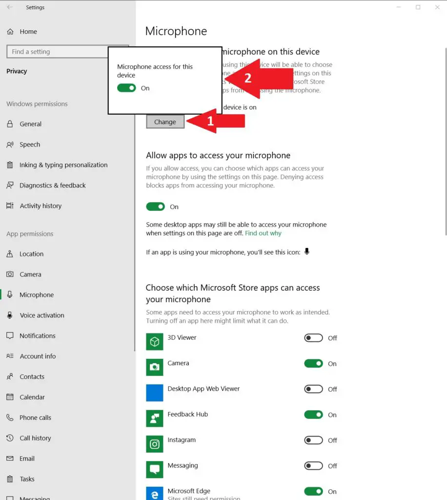 Allow access to your headset microphone by accessing the privacy settings in windows 10